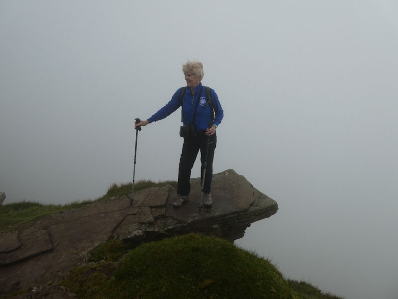 Heather on the diving board on Fan y Big. Photo by Mike Goodyer
