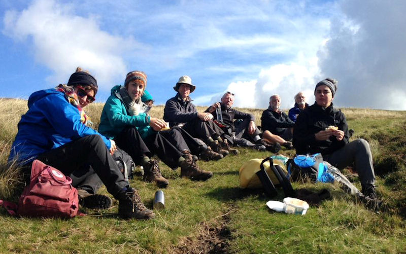 sunday lunch below summit of Waun Fach. Photo by Pete Bennett 