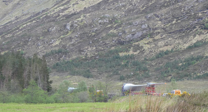 Wind turbine blades being moved on the A87. Photo by Mike Goodyer