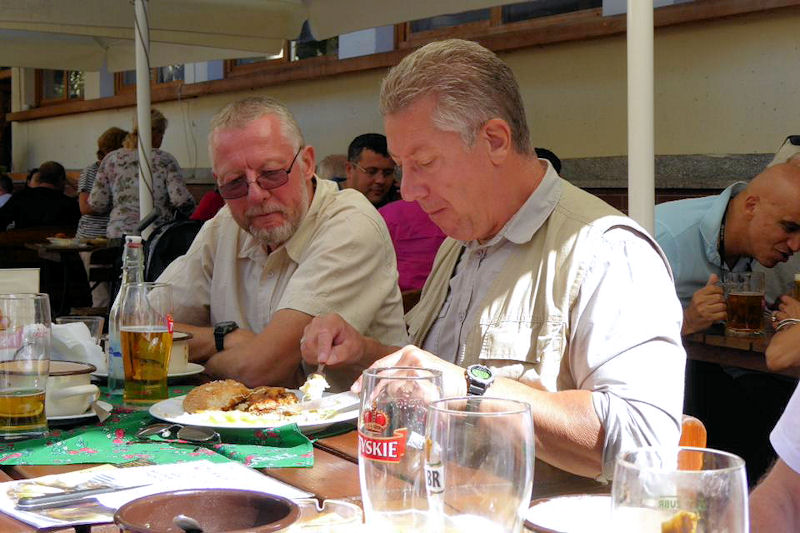 Steve and Andy enjoying late lunch after arriving at Zacopane. Photo by Mike Goodyer